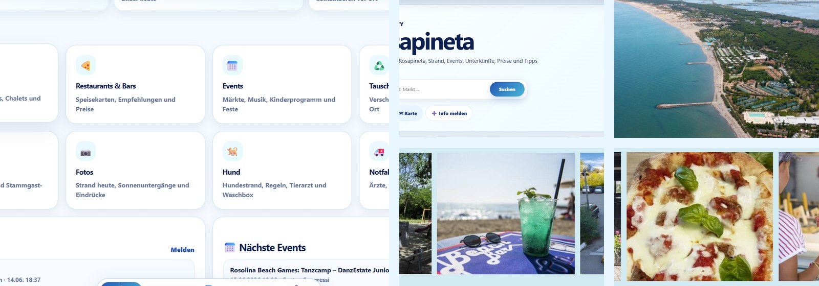 Bildermix mit Strand, Bummelzug, Restaurant und Urlaubsstimmung in Rosolina Mare
